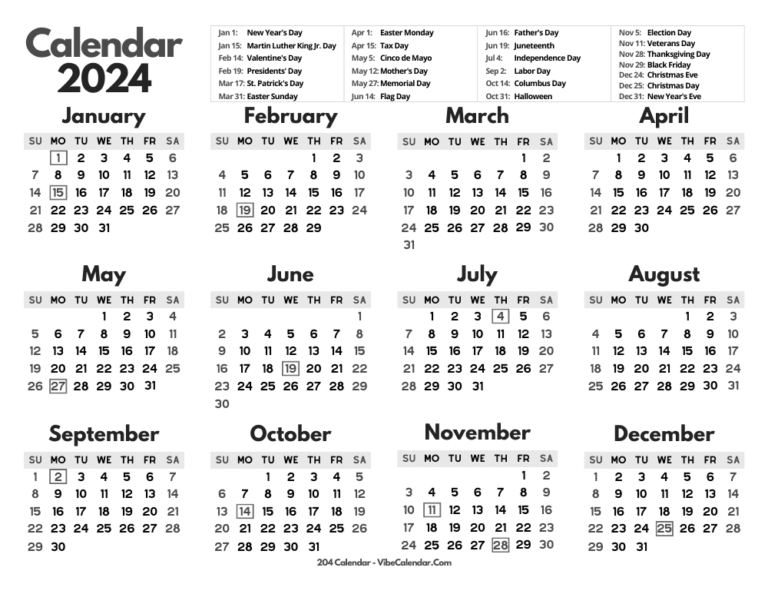 2024 Calendar with Holidays: Free Printable Templates