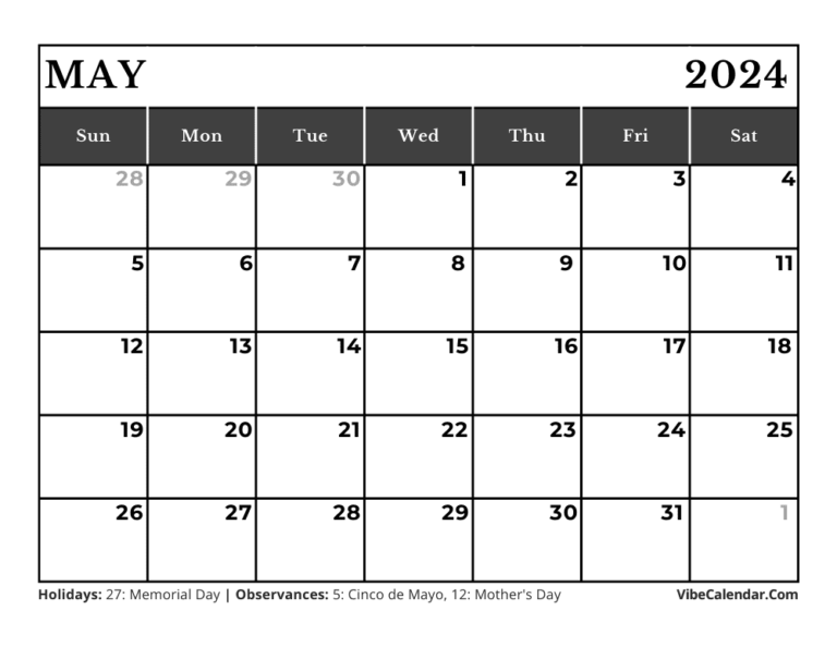 May 2024 Calendar: Printable May 2024 Calendar with Holidays