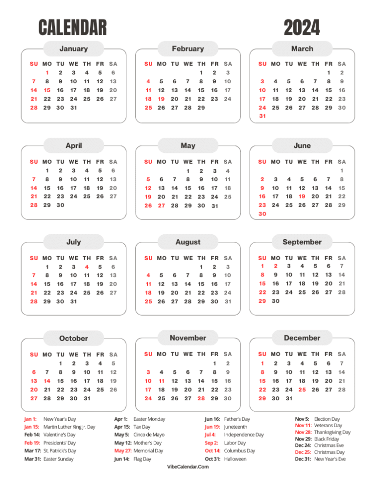 2024 Calendar with Holidays: Free Printable Templates