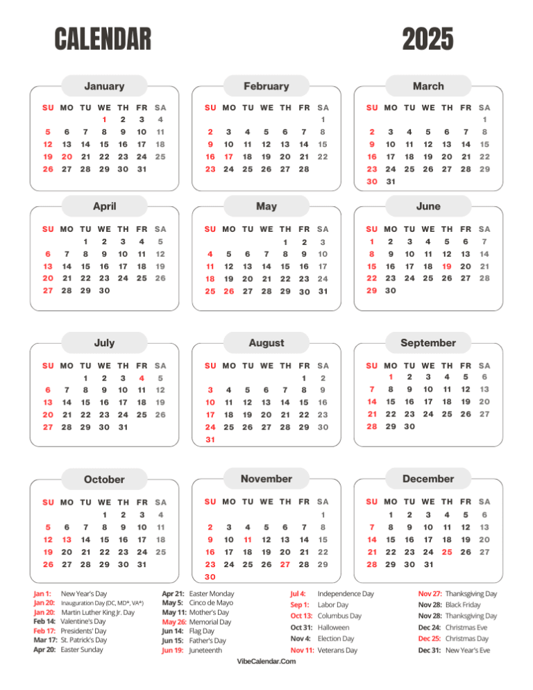 2024 Calendar with Holidays: Free Printable Templates