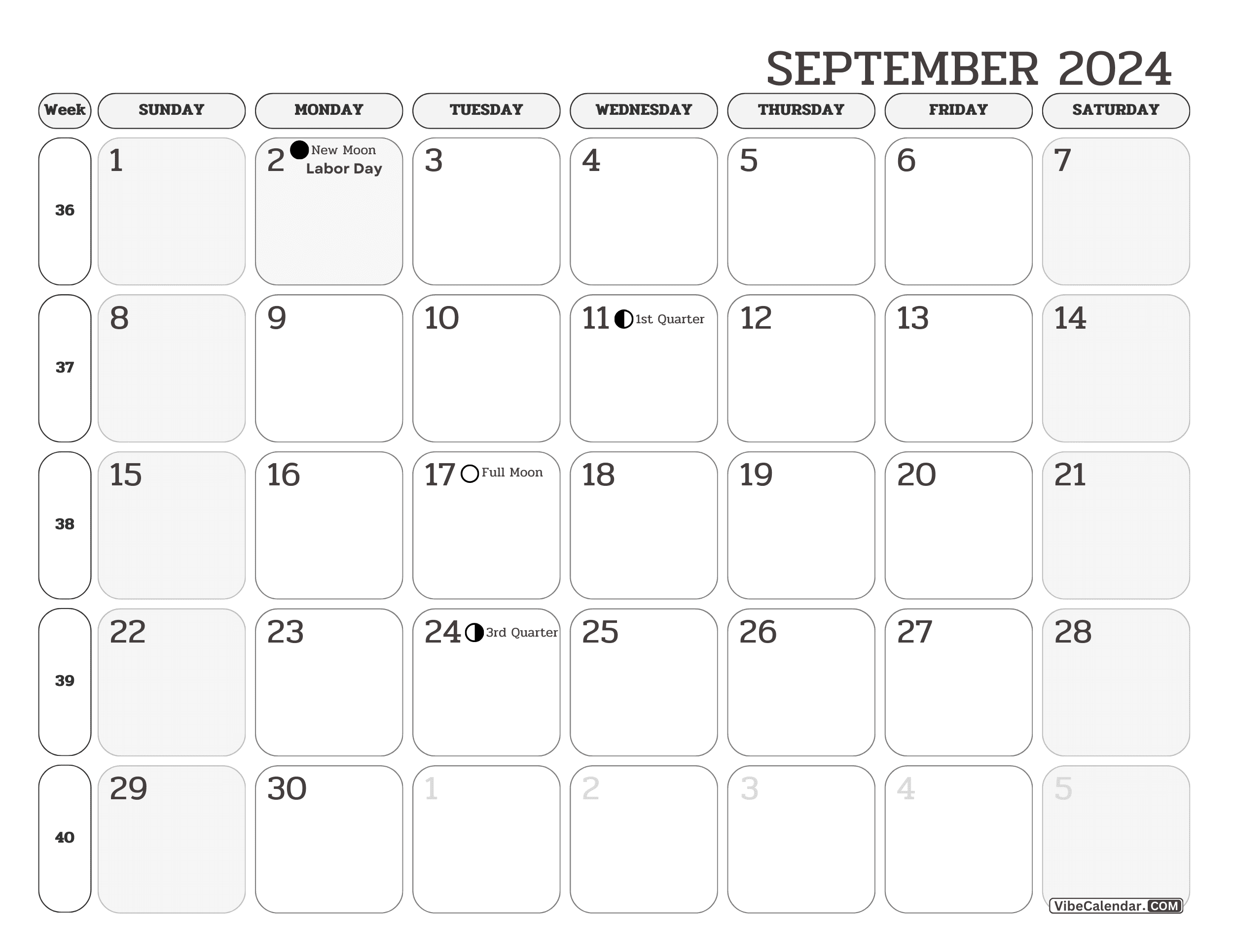 September 2024 Calendar with Week Numbers and Holidays