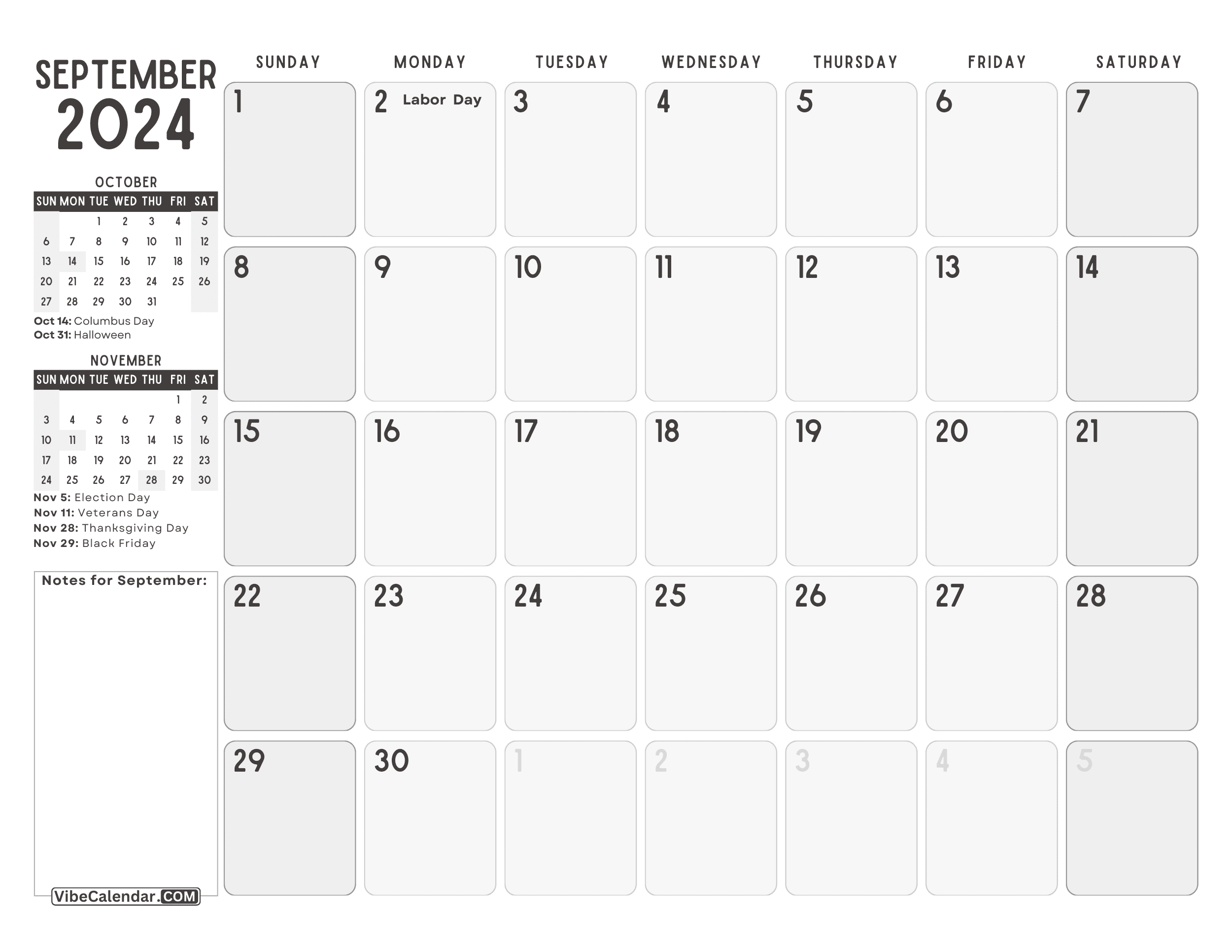 September 2024 Calendar with October and November Preview