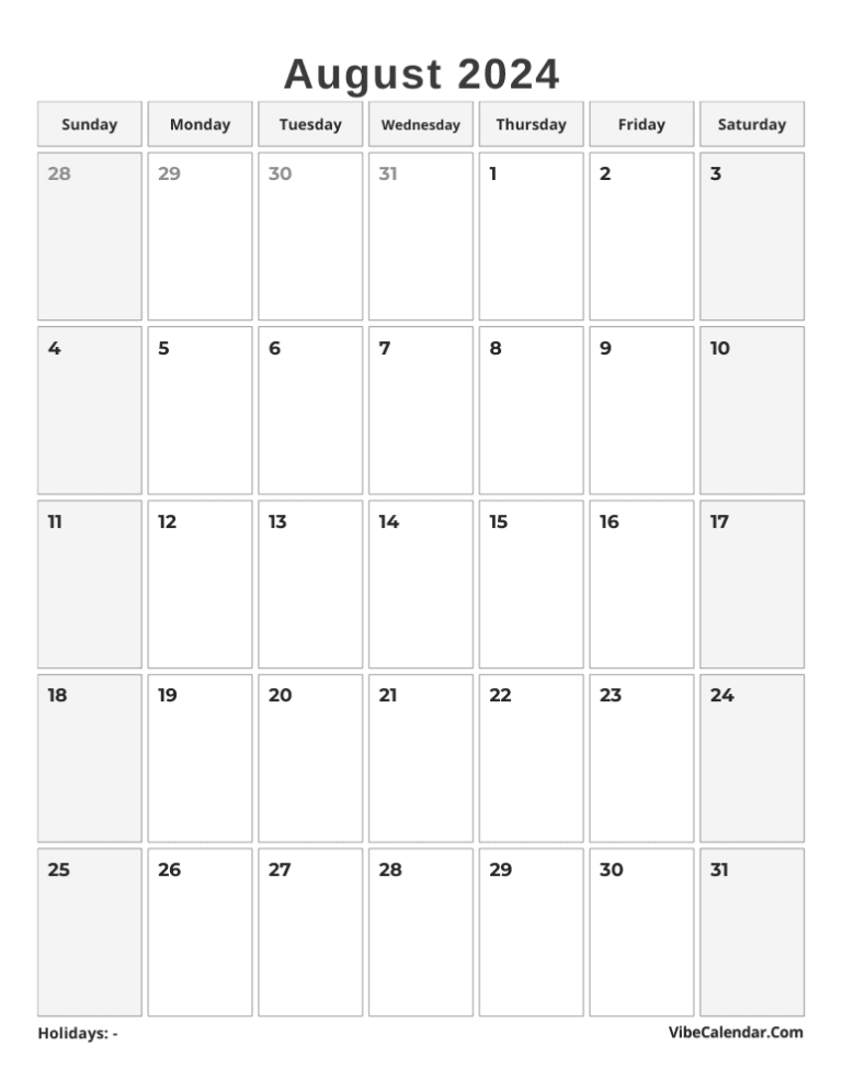 August 2024 Calendar with Holidays: Printable Best Templates