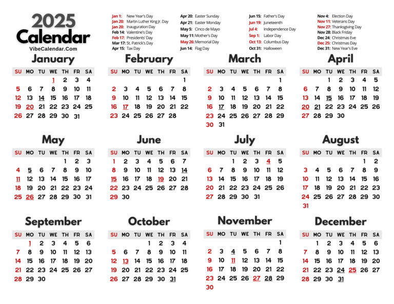 Year 2025 Calendar with Holidays: Printable Templates