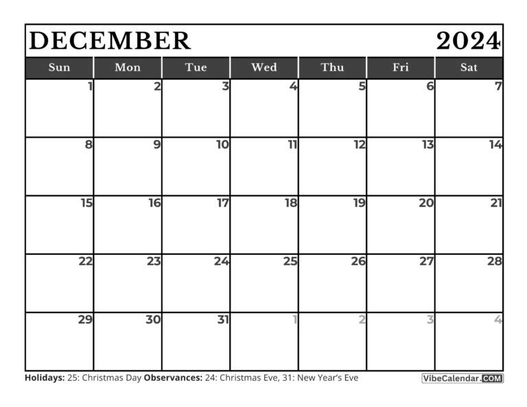 December 2024 Calendar with Holidays: Printable Best Templates
