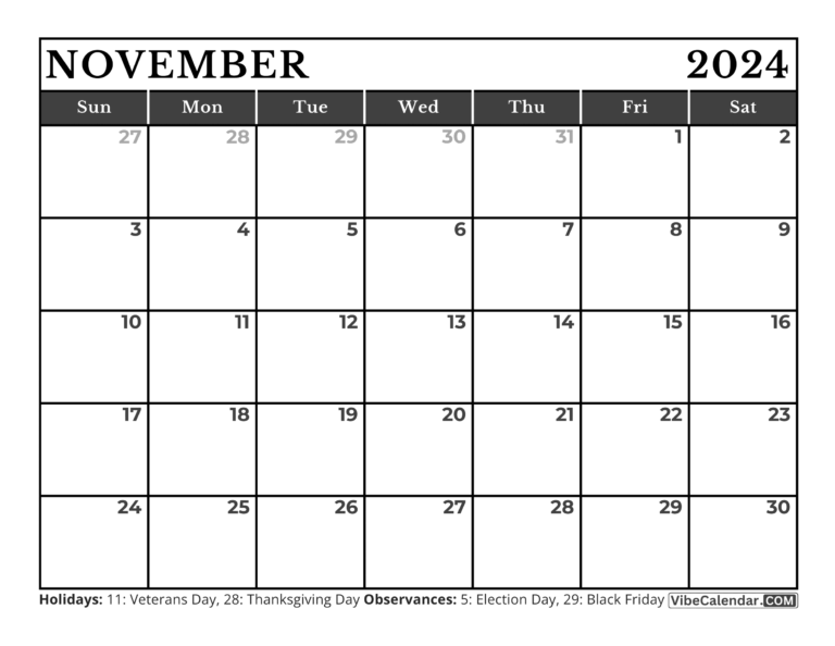 November 2024 Calendar with Holidays: Printable Best Templates