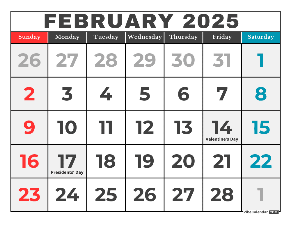 Colorful Calendar Template for February 2025