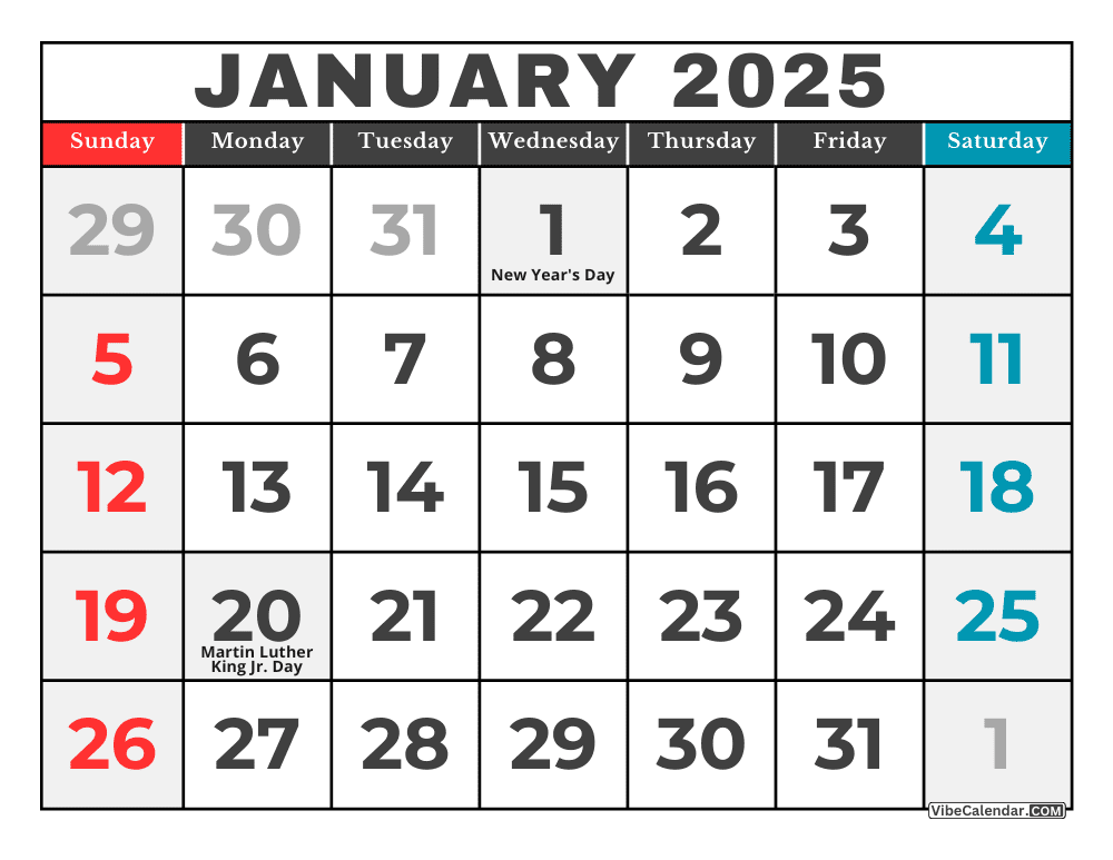 Colorful Calendar Template for January 2025