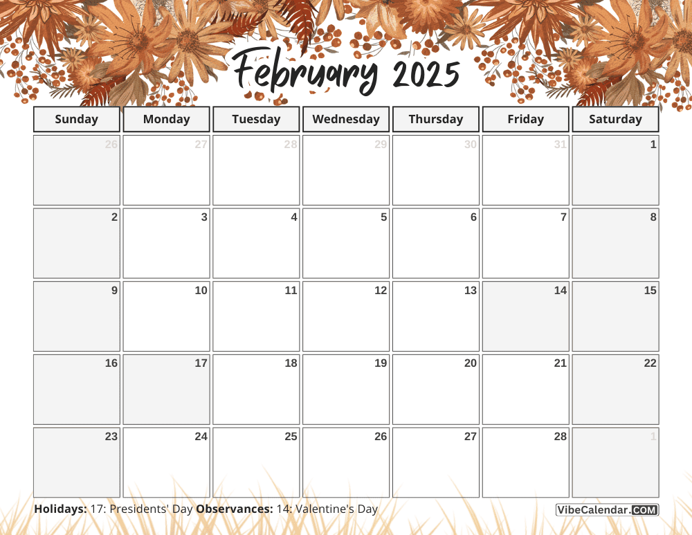 February 2025 Calendar Featuring Dried Leaves Theme