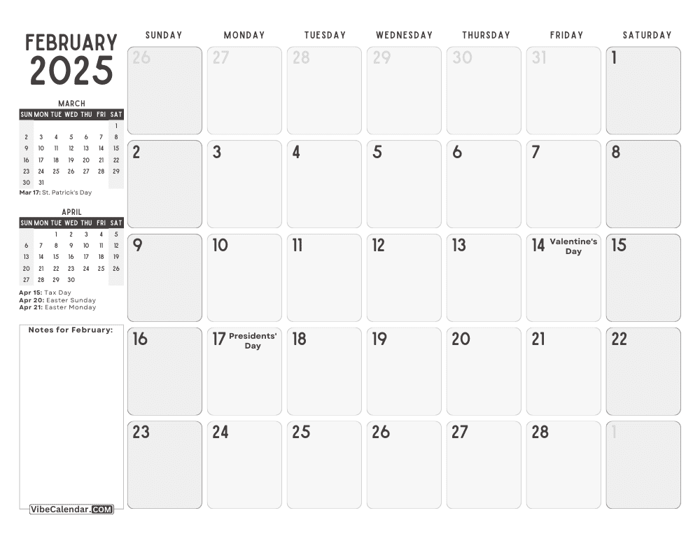 February 2025 Calendar Including March and April