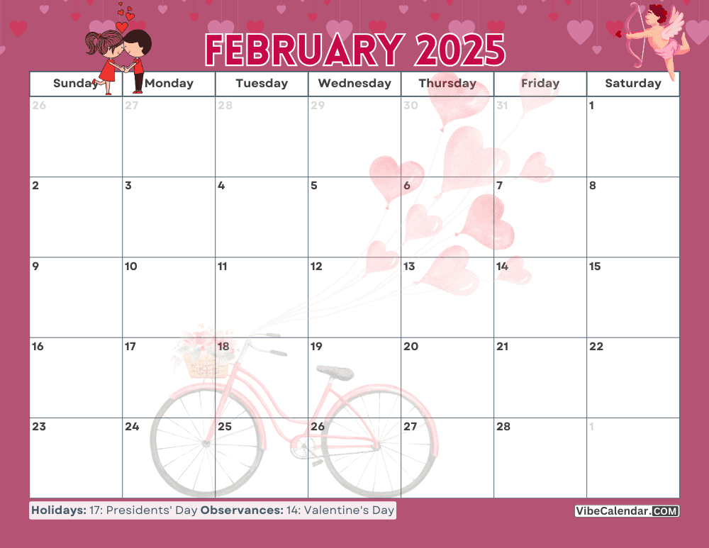 February 2025 Calendar Valentine's Day Theme