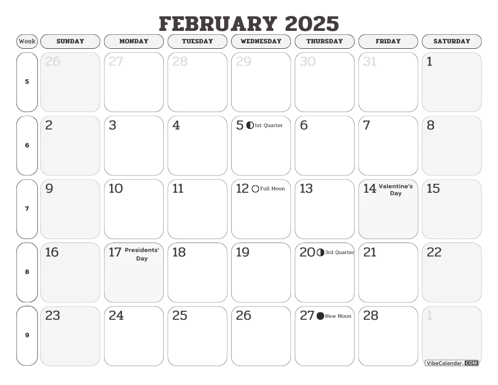 February 2025 Calendar with Week Numbers and Holidays