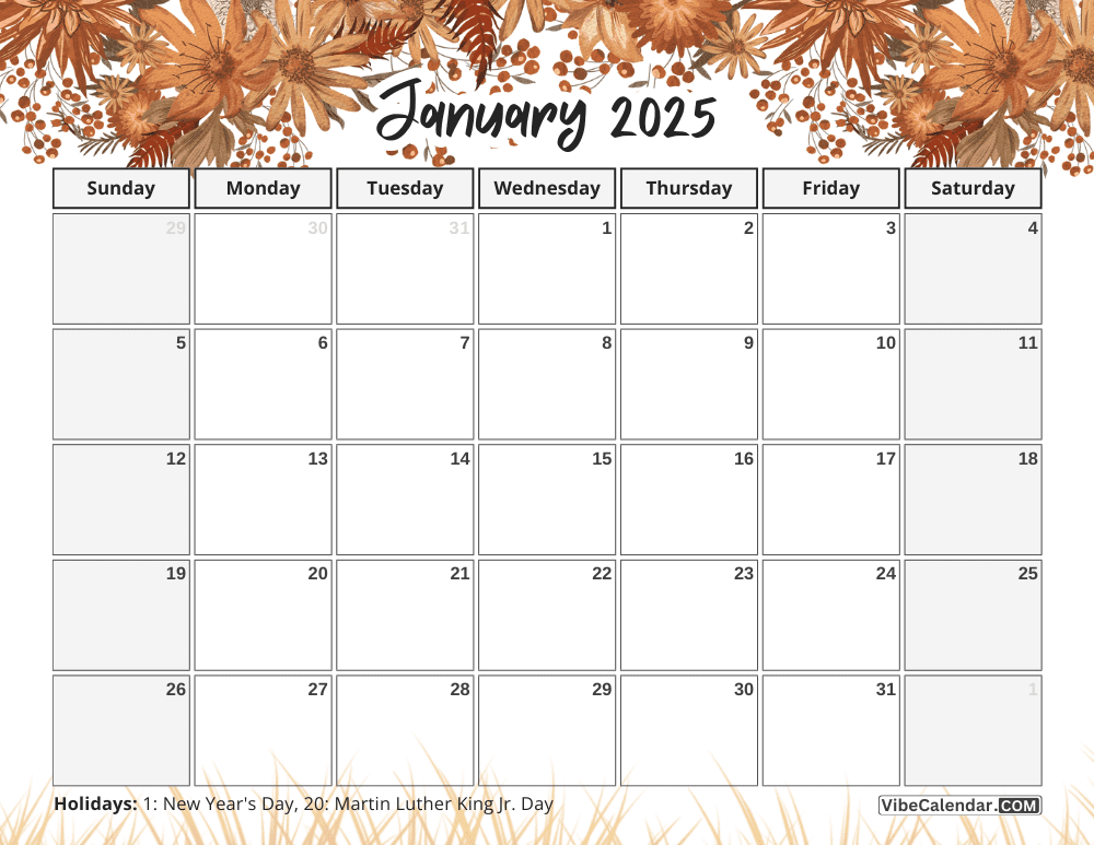 January 2025 Calendar Featuring Dried Leaves Theme