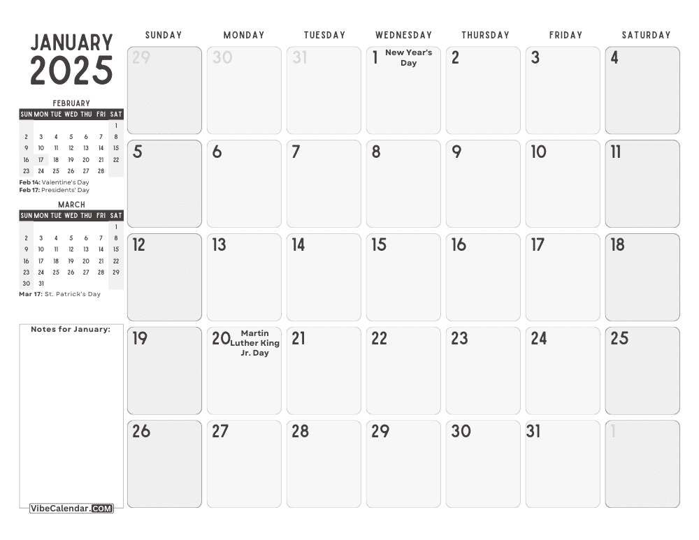 january 2025 Calendar İncludin February and March