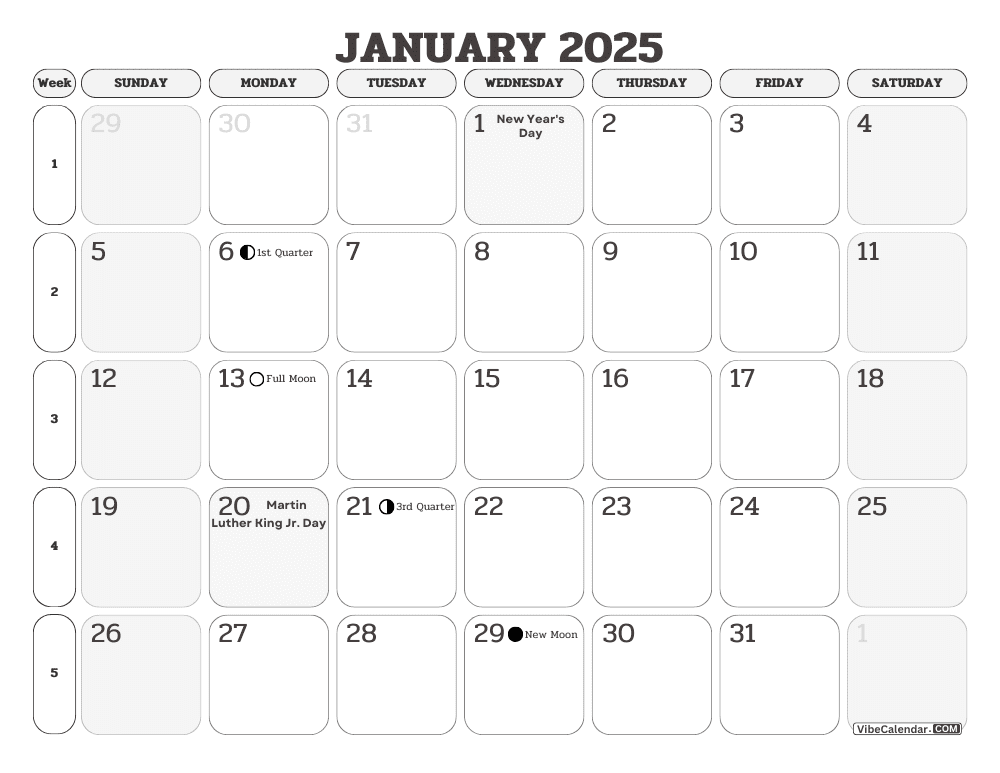 January 2025 Calendar with Week Numbers and Holidays