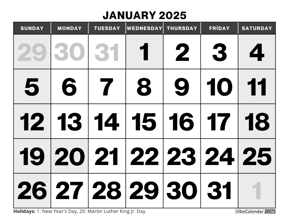 Large Print Wall Calendar for January 2025