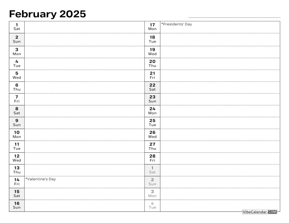 Printable Calendar with Agenda View for February 2025