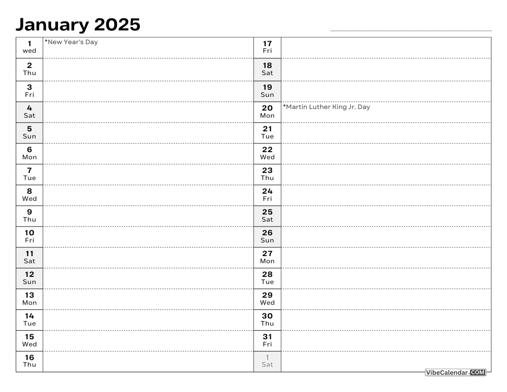 Printable Calendar with an Agenda Layout for January 2025