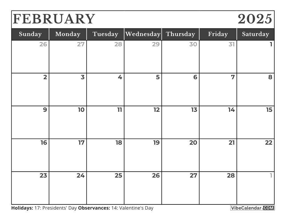 Printable February 2025 Calendar with Holidays