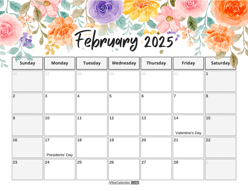 Printable February 2025 Floral Calendar