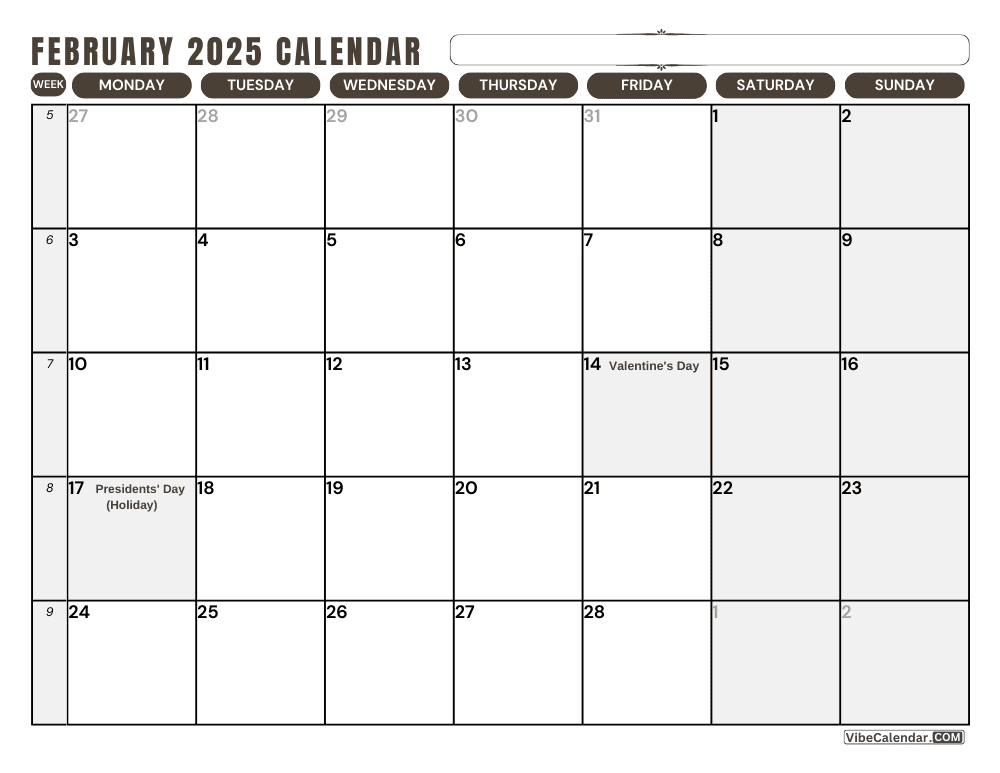 February 2025 Monday Start Calendar with Holidays