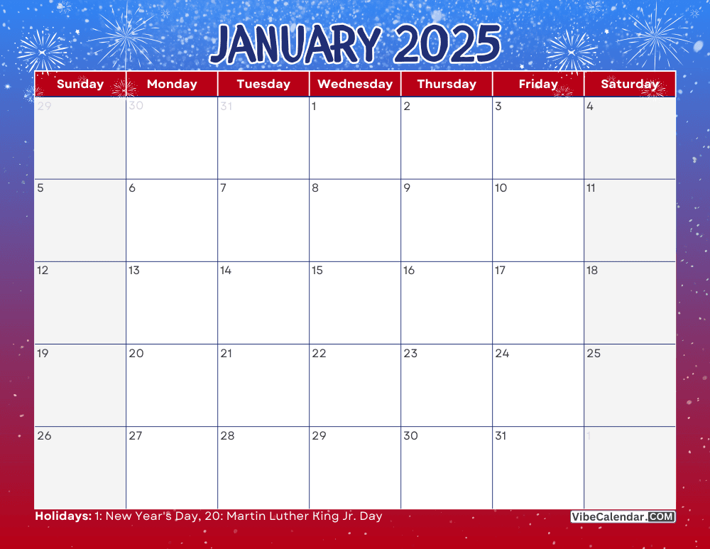 Printable January 2025 Calendar New Year Theme