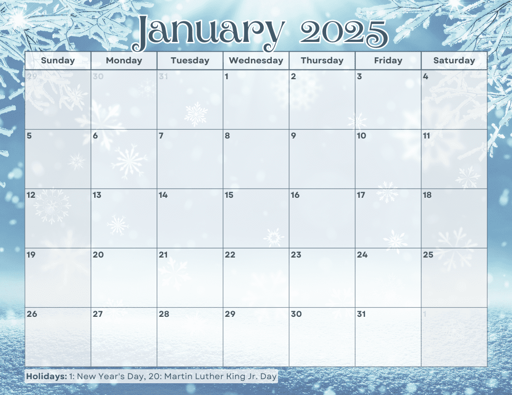 Printable January 2025 Calendar with Holidays - Winter Theme