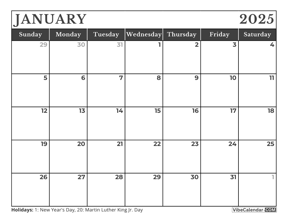 Printable January 2025 Calendar with Holidays