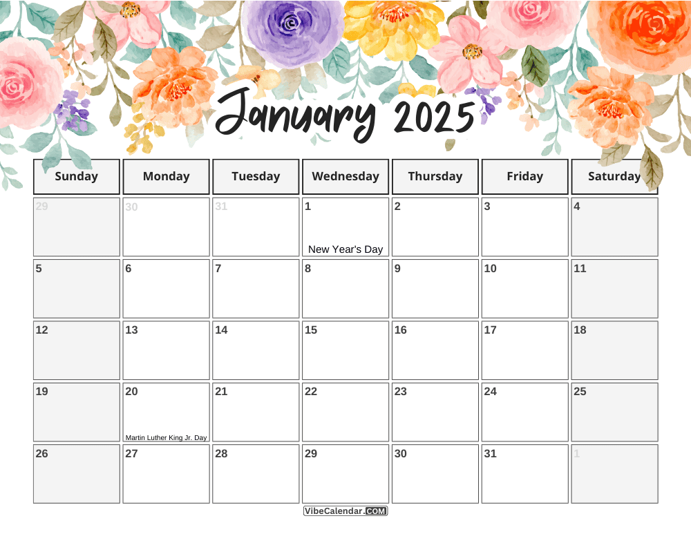 Printable Floral Calendar for January 2025 with Holidays