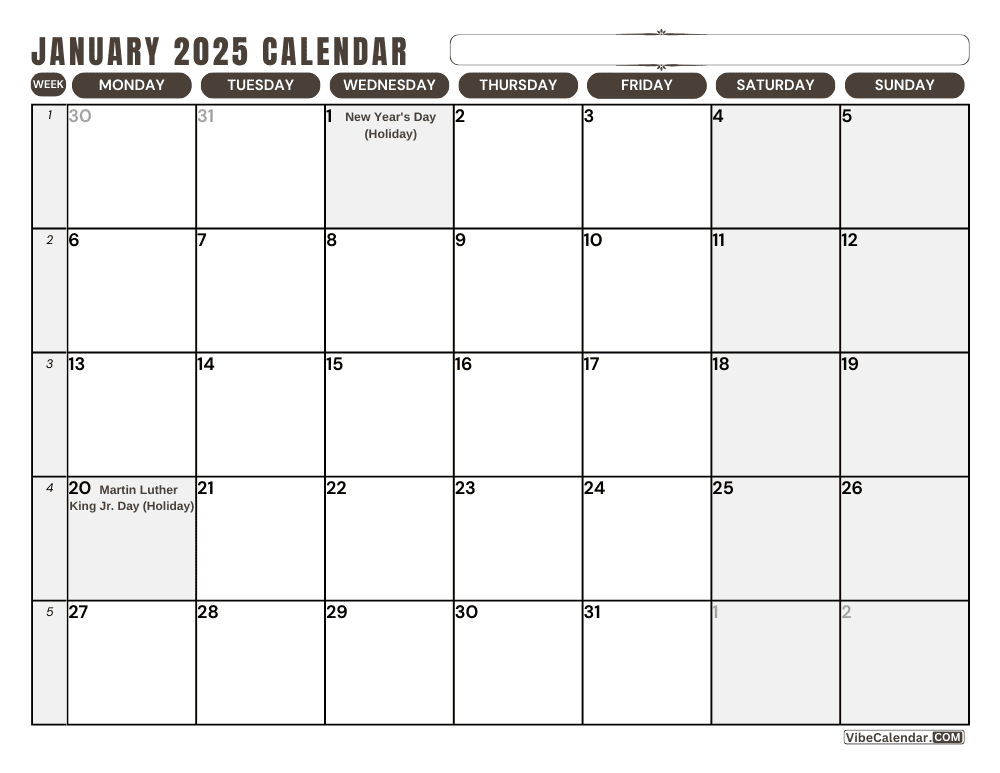 January 2025 Monday Start Calendar with Holidays